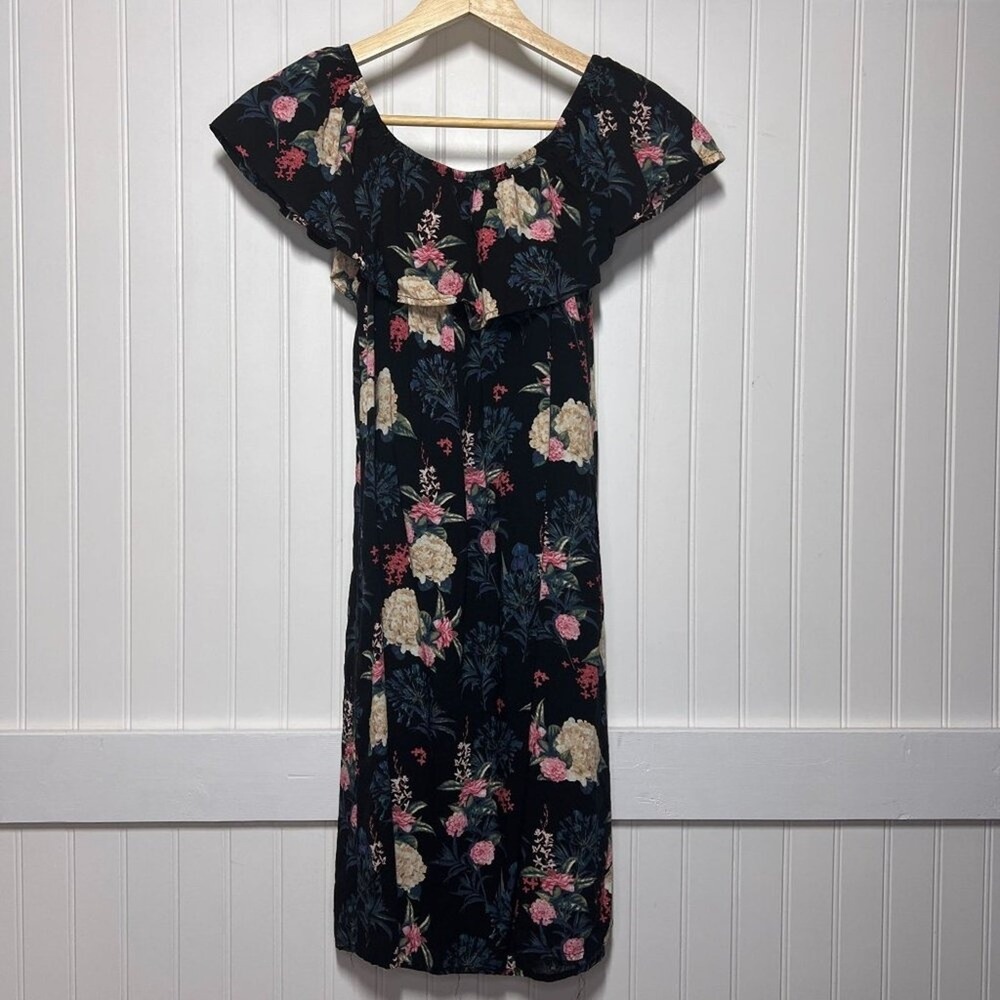 Rojada Dress Whimsygoth Fairy Dark Romance Black Floral Off-Shoulder Ruffle Midi